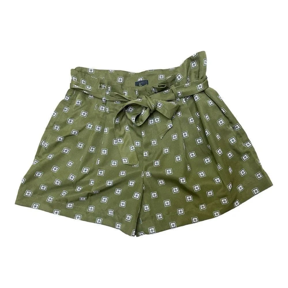 Ann Taylor Factory High Waist Pleated Belted Shorts Green Geometric Print Sz 14